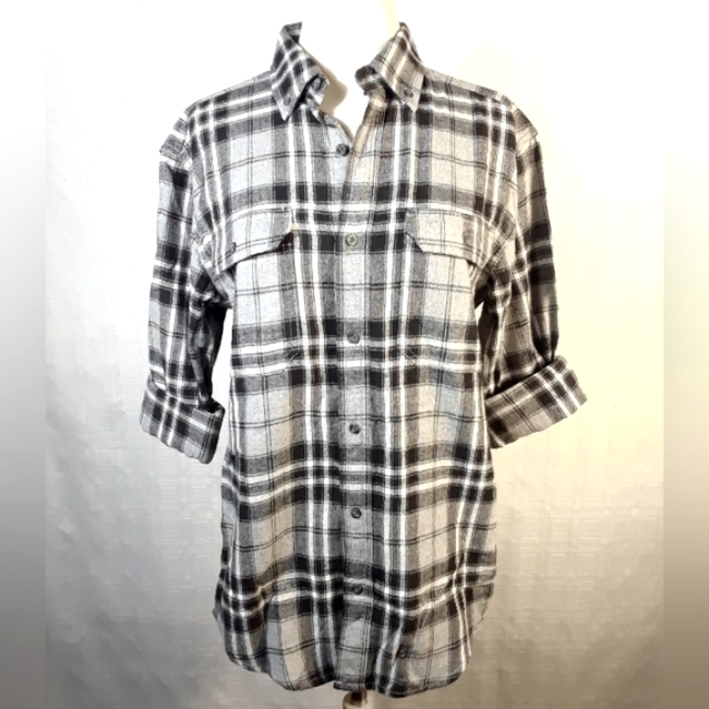 Top George Women Men Casual Button Down Shirt Long Sleeves Flannel Black White-S